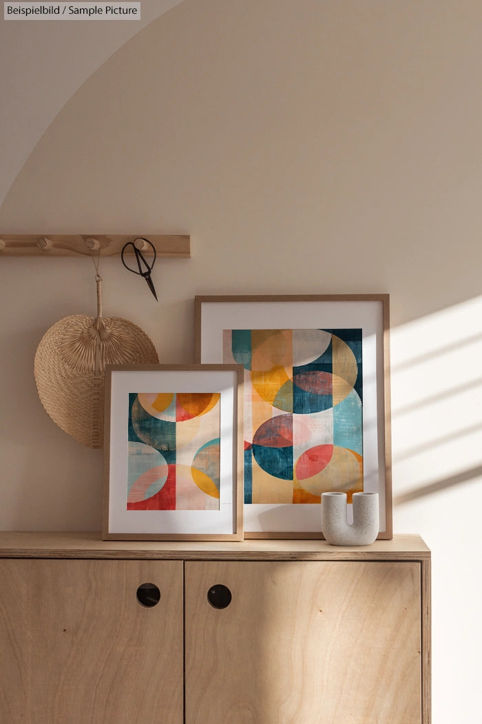 Two framed abstract art prints with colorful geometric shapes on a wooden cabinet, under natural light.