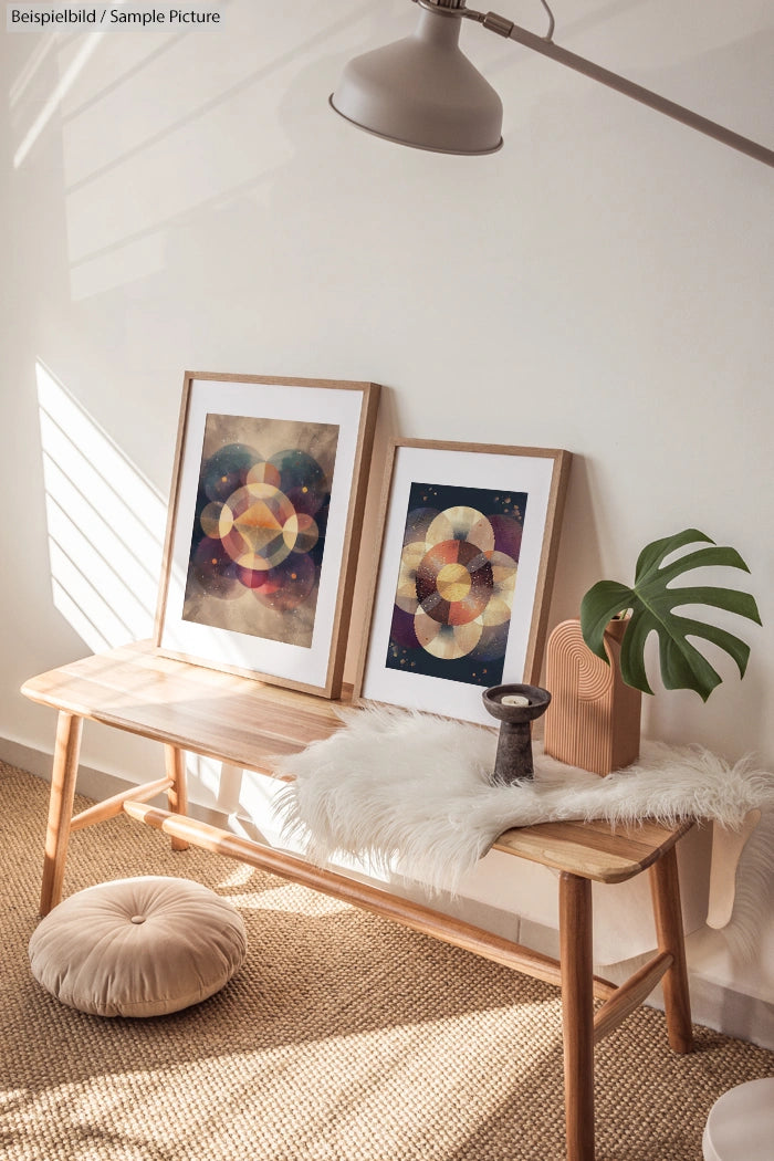 Scandinavian-style room with geometric art prints on wooden bench, furry rug, and potted plant under a metal lamp.