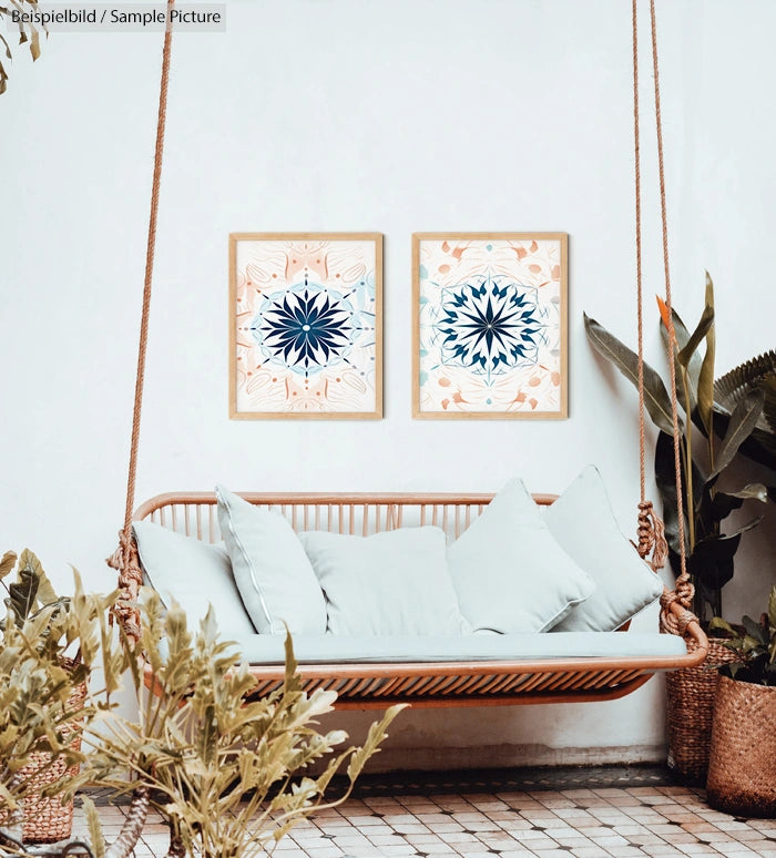 Cozy wooden swing bench with pastel pillows, framed mandala art, and lush plants on a white wall backdrop.