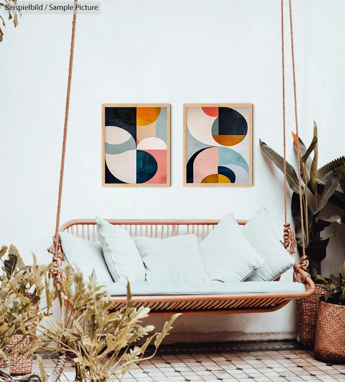 Cozy patio with hanging swing, pale cushions, abstract art, and lush plants in a bright and serene atmosphere.