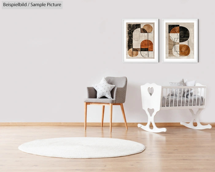 Minimalistic nursery with modern art, gray chair, white crib, and circular rug on wooden floor.