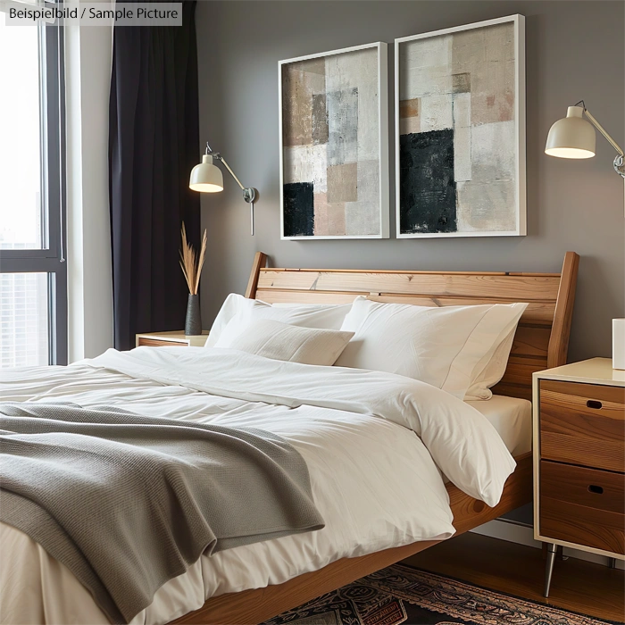 Modern bedroom with wooden bed, white bedding, abstract art, and warm lighting.