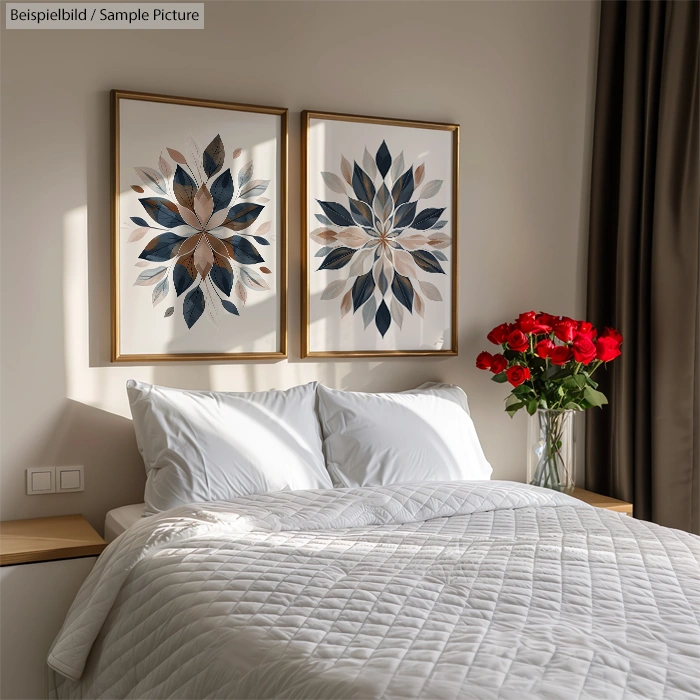 Cozy bedroom with white bedding, framed leaf art on wall, and fresh red roses on a wooden nightstand.