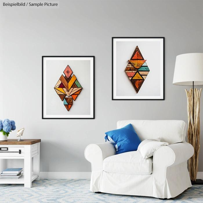 Living room with white armchair, colorful geometric wall art, small wooden cabinet, and a tall floor lamp.