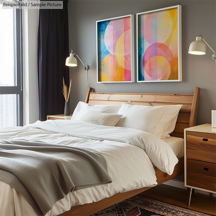 Modern bedroom with a wooden bed, white bedding, abstract paintings, and natural light.