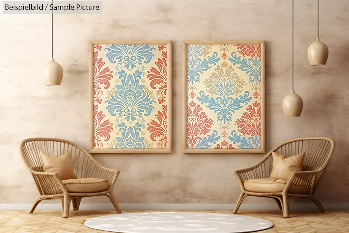 Cozy room with wicker chairs and framed floral patterns on beige walls, lit by hanging pendant lights.