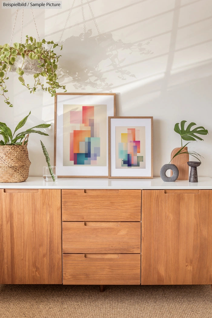 Wooden cabinet with abstract art, plants, and decorative items on top, in a naturally lit room.