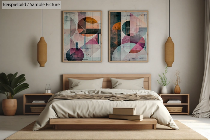 Modern bedroom with abstract geometric art above a wooden bed, flanked by pendant lights and potted plants.