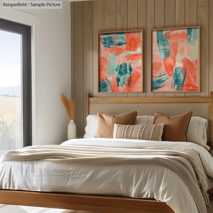 Modern bedroom with wooden decor, abstract art, and neutral bedding.