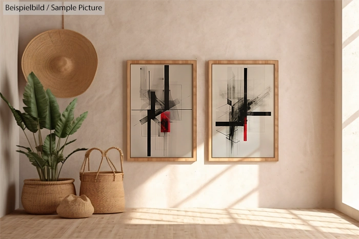 Minimalist living room with abstract paintings, straw hat, plants, and woven baskets in sunlight.