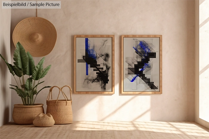 Minimalist room with abstract art, wicker baskets, and potted plant in sunlight.