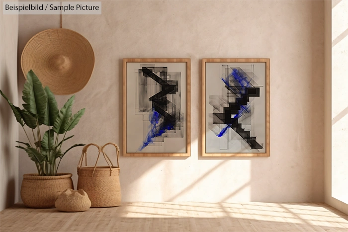 Minimalist room with abstract art in black and blue, potted plant, and natural baskets in soft natural light.