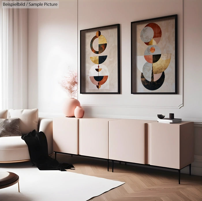 Modern living room with abstract art, beige sideboard, and neutral decor.