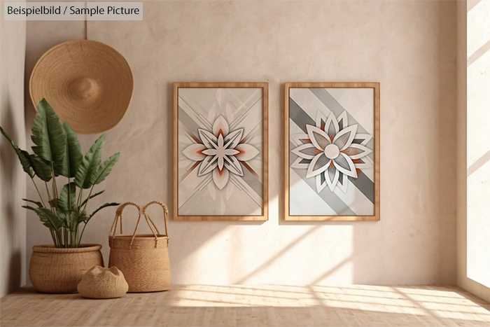 Minimalistic interior with a large hat, two framed geometric flower prints, and woven baskets on a wooden floor.