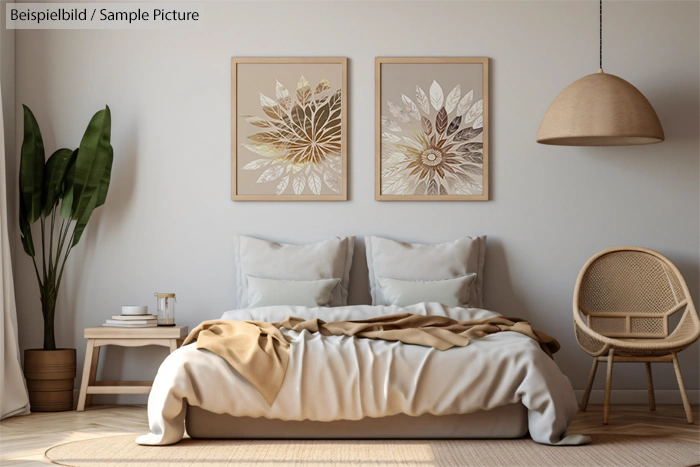 Minimalist bedroom with neutral tones, featuring a bed, nightstand, two plant-themed artworks, and a pendant light.