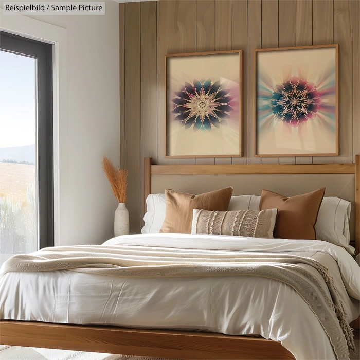 Cozy bedroom with a wooden bed, beige pillows, and abstract art above. Sunlight filters through a large window.