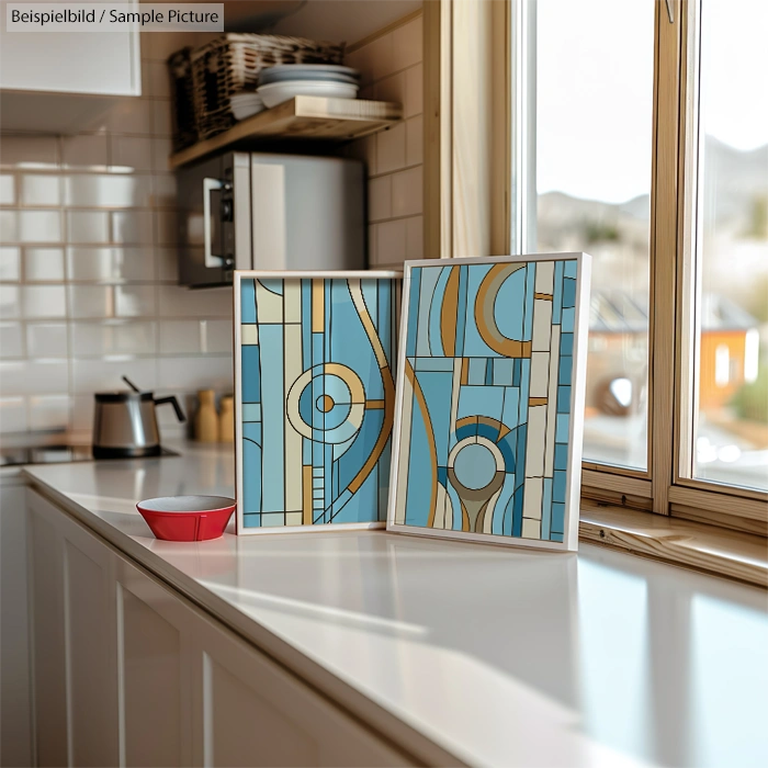 A modern kitchen with two abstract geometric paintings in blue and gold standing on a white countertop near a window.