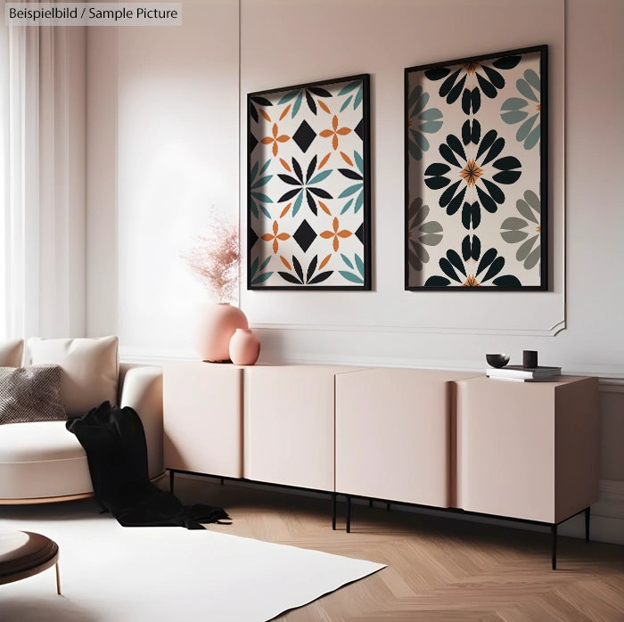 Modern living room with floral-patterned art, beige sofa, soft lighting, and minimalistic sideboard.