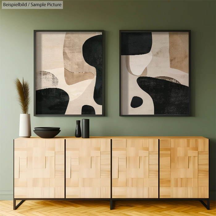 Modern living room with wooden sideboard, abstract art on walls, and minimalist decor.