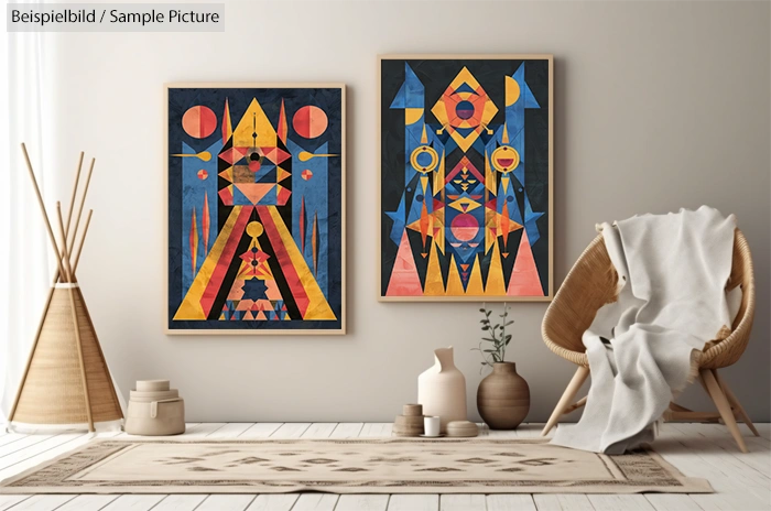 Room interior with two geometric abstract paintings on wall, wicker chair, and decorative vases on wooden floor.