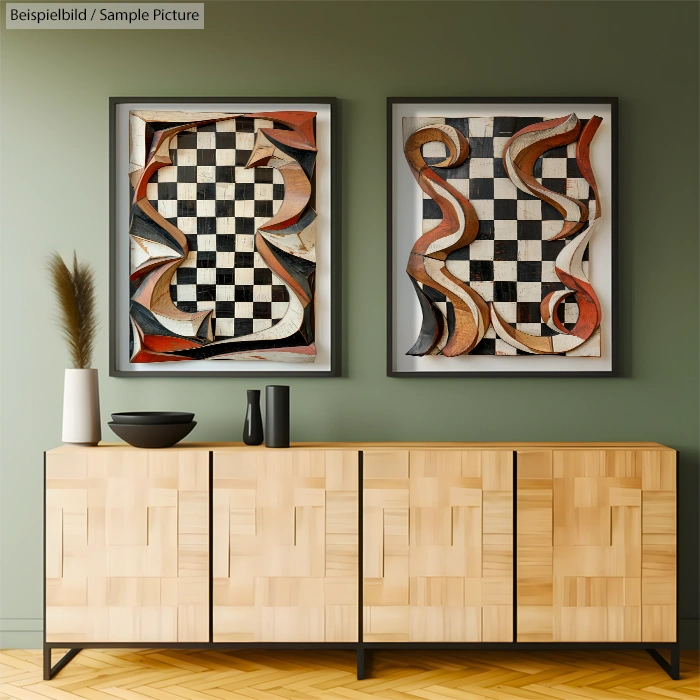 Modern living room with abstract checkered paintings above a wooden sideboard and decorative vases.