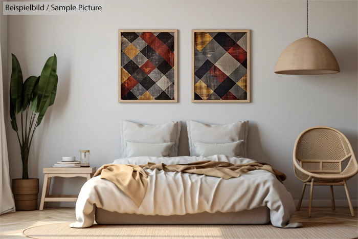 Cozy bedroom with quilted artwork, double bed, wooden side table, chair, lamp, and plant.