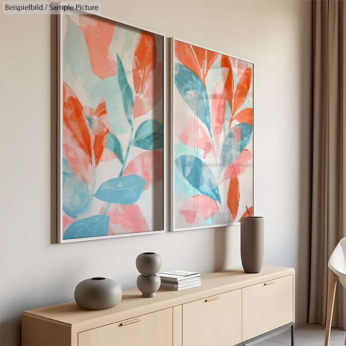 Modern living room with two abstract leaf paintings, vases on a beige sideboard, and neutral curtains.