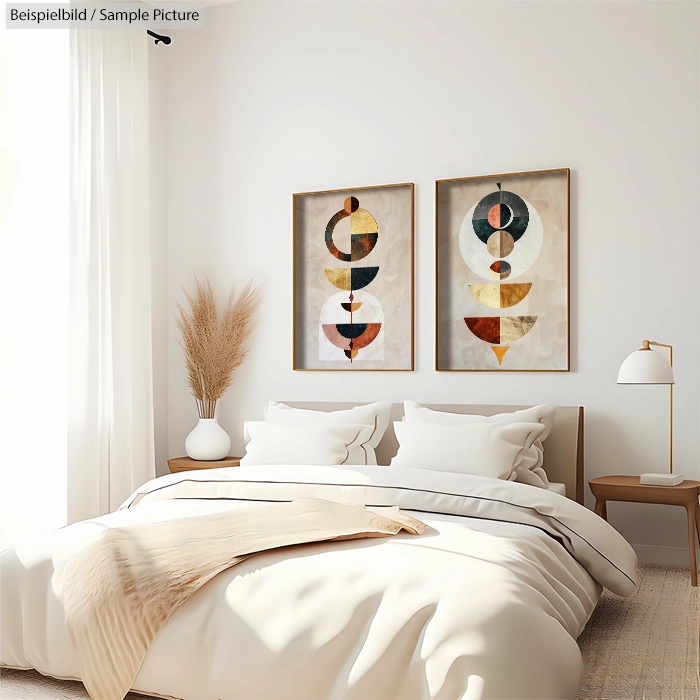 Minimalist bedroom with abstract art, white bedding, wooden accents, decorative grass, and a modern lamp.