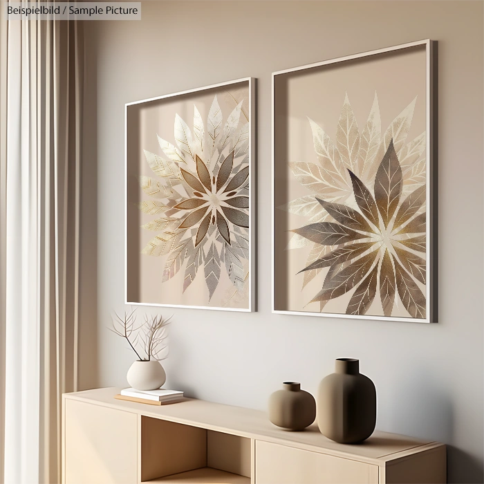 Minimalist room with two framed leaf artwork on the wall, vases on a shelf.