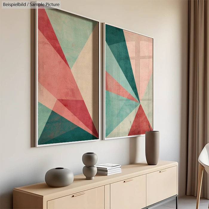 Modern interior with abstract geometric art in red, teal, and tan on a wall; a beige sideboard with vases underneath.