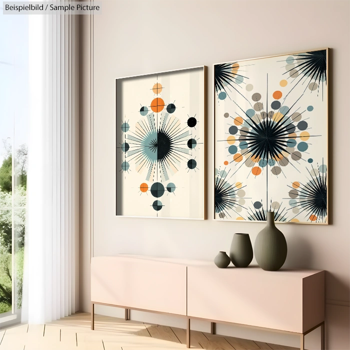 Modern living room with abstract starburst paintings and minimalist decor on light pink console table.