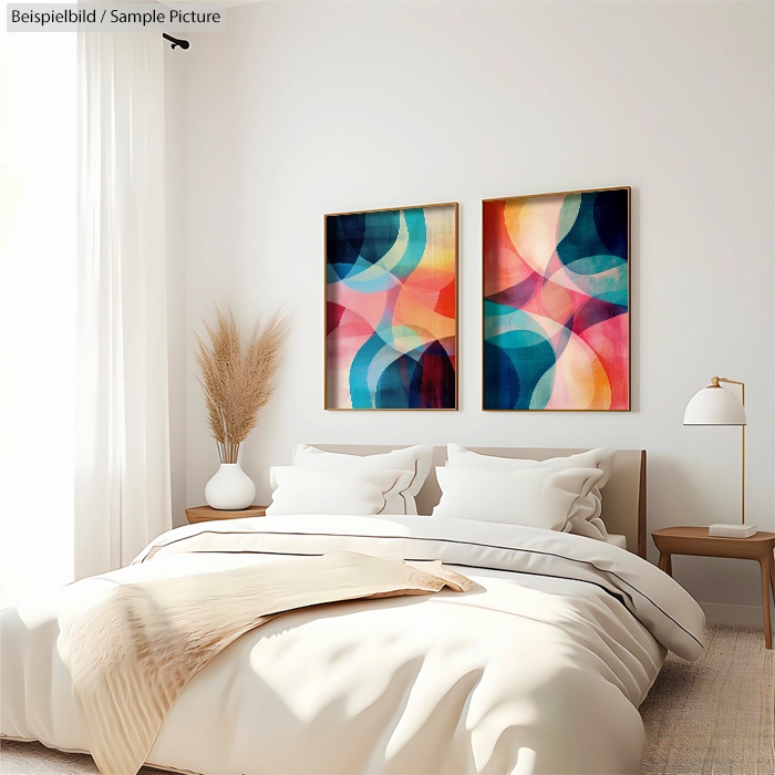 Minimalist bedroom with abstract art, white bedding, and a potted plant next to a wooden nightstand and lamp.