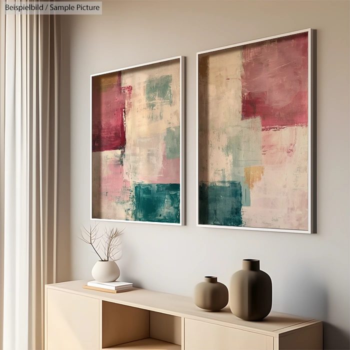 Abstract paintings with pink, teal, and beige colors on a wall, next to a shelf with vases and a small plant.