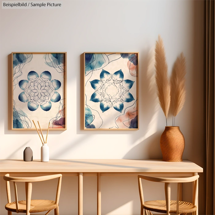 Two floral art prints in wooden frames above a minimalist wooden table with vases and pampas grass.