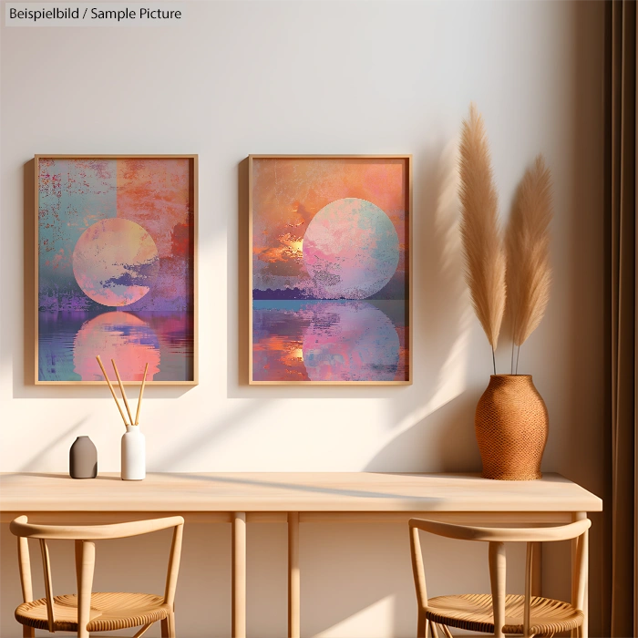 Two framed abstract paintings on a white wall above a wooden table with vases and decorative grass.