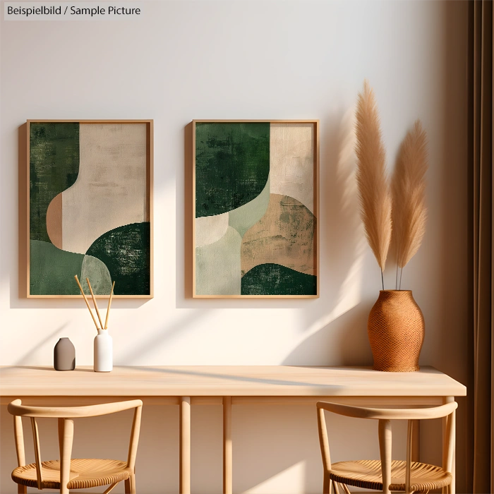 Minimalist room with abstract green art, wooden table, pampas grass in a vase, and natural lighting.