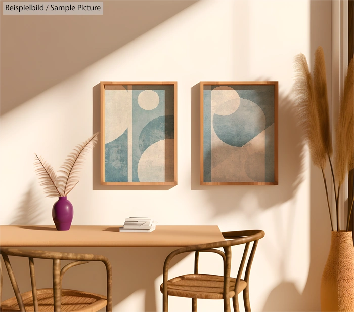 Minimalist room with two abstract paintings, wicker chairs, and a purple vase on a wooden table, lit by natural light.