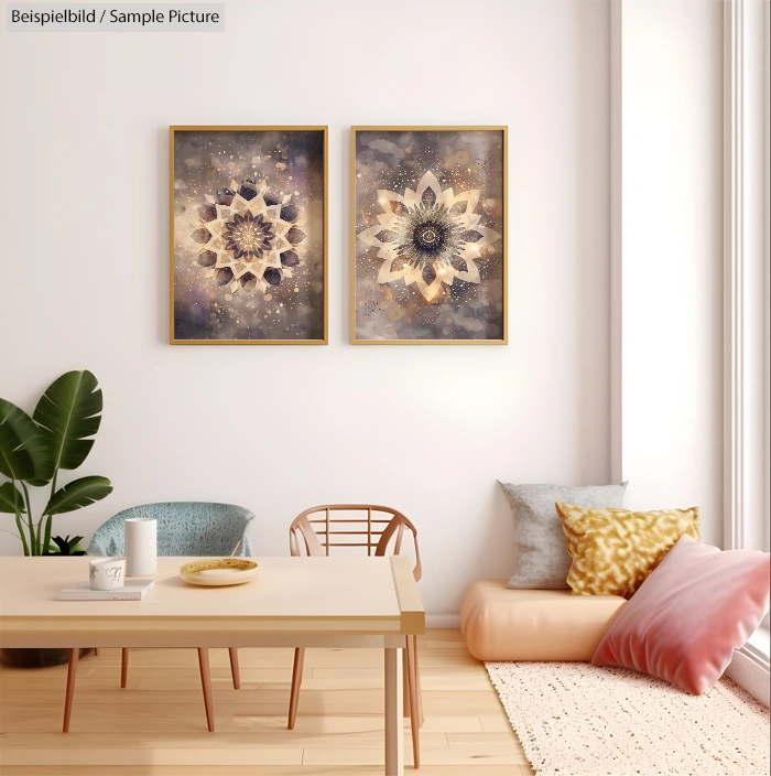 Modern living room with abstract floral artwork, plants, and colorful cushions on a beige rug.