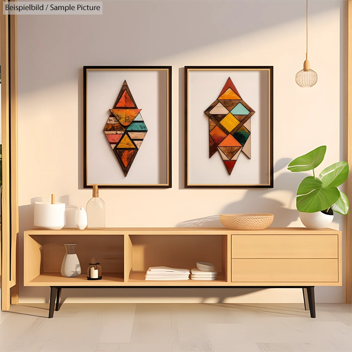 Modern living room with geometric art, light wood console, and potted plant by a sunlit wall.