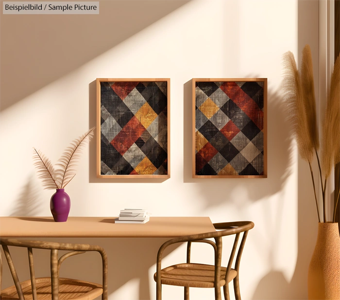 Cozy room with two geometric art prints on wall, sunlit table, chairs, vase with dried plants, warm lighting.