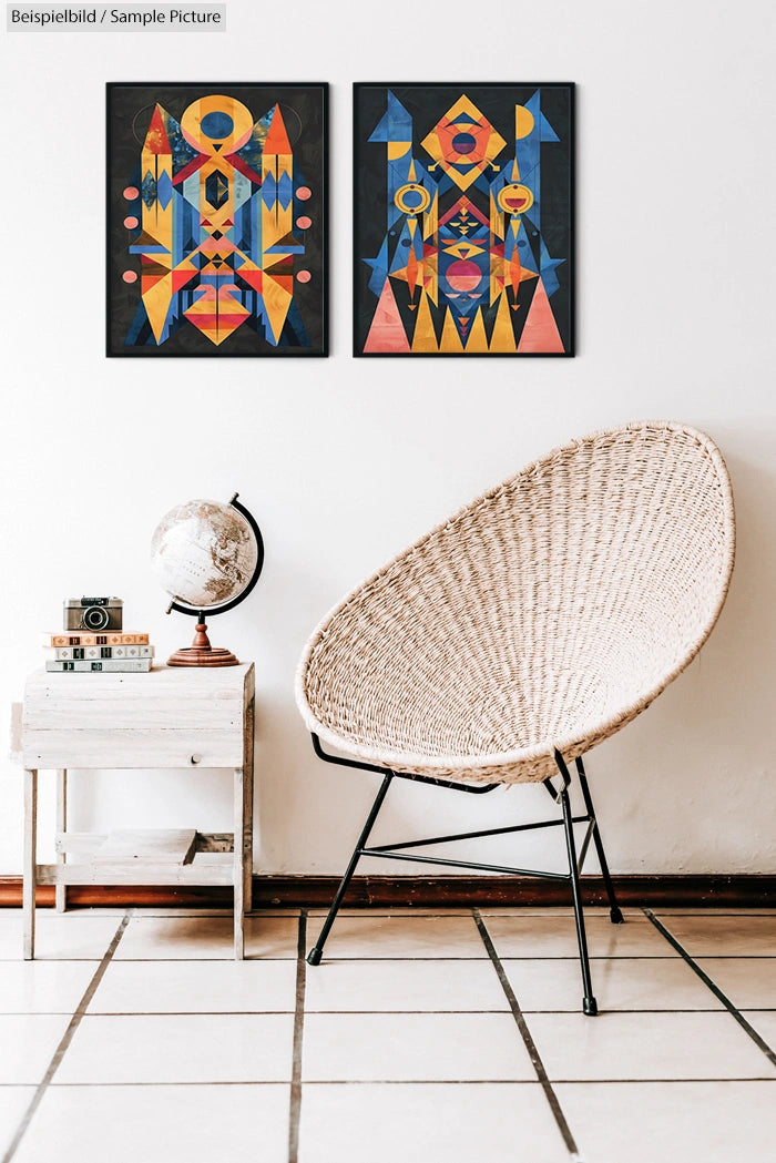 Modern room with abstract geometric wall art, wicker chair, and wooden side table with a globe and books.