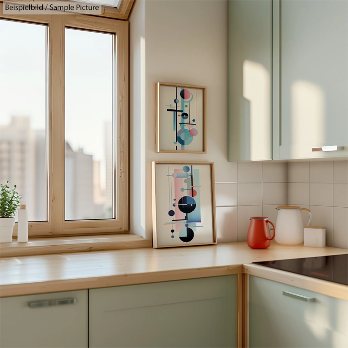 Modern kitchen corner with abstract art, wooden countertops, and sunlight streaming through large windows.