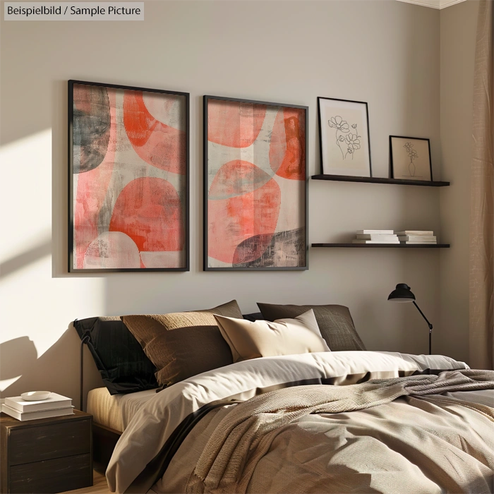 Modern bedroom with abstract art on the wall, neutral tones bedding, and minimalist shelves with decor.