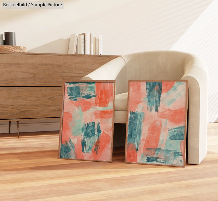 Two abstract paintings with red, blue, and teal brushstrokes on canvases, leaning against a beige chair in a modern room.