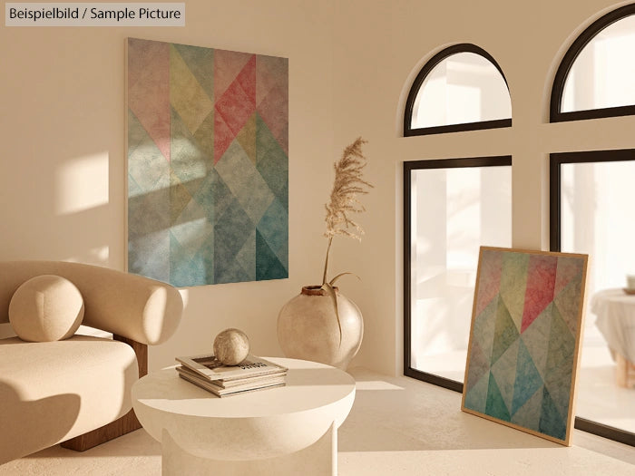 Modern minimalist living room with abstract geometric paintings, a curved sofa, round table, and arched windows.