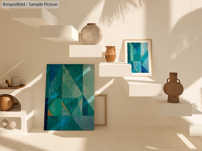 Room with geometric teal abstract paintings, clay vases on wall-mounted shelves, and sunlight casting shadows.