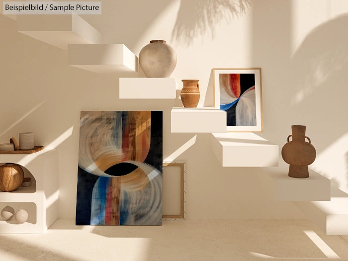 Art gallery display with abstract paintings and clay vases on minimalist shelves.