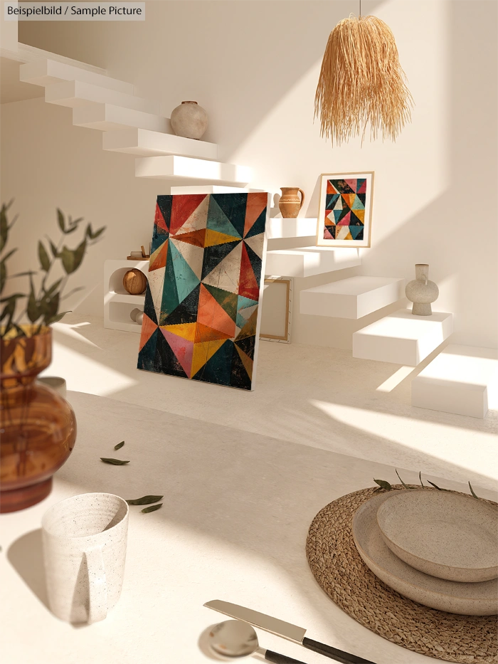 Modern interior with geometric artwork, decorative ceramics, and minimalist furniture on white stairs.