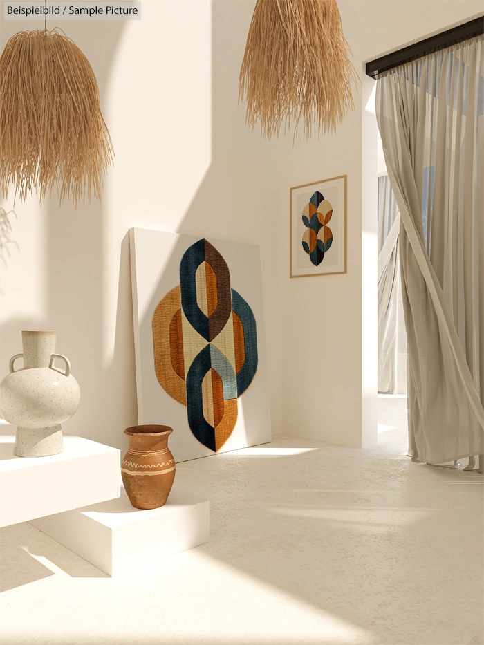 Minimalist room with geometric art, clay pots, and textured light fixtures.