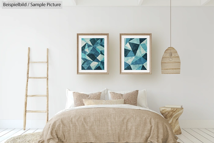 Cozy bedroom with abstract geometric art, wooden ladder, and natural textiles in neutral tones.